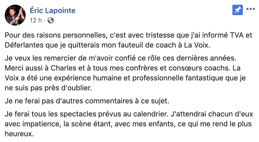 eric lapointe coach la voix arrestation